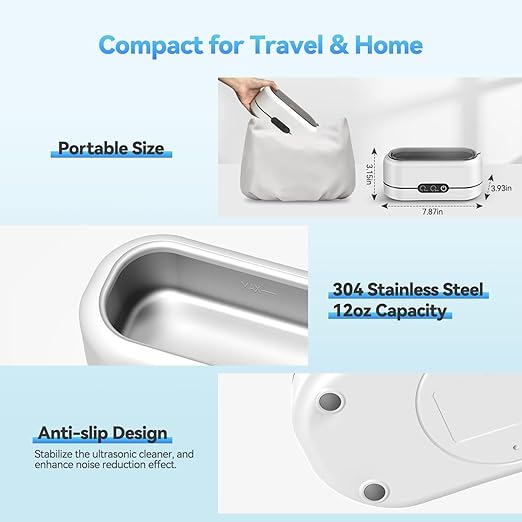 48KHz Ultrasonic Jewelry Cleaner💧 Dual Modes | 304 Stainless Steel Tank | For Eyeglasses/Rings/Dentures/Watch Straps