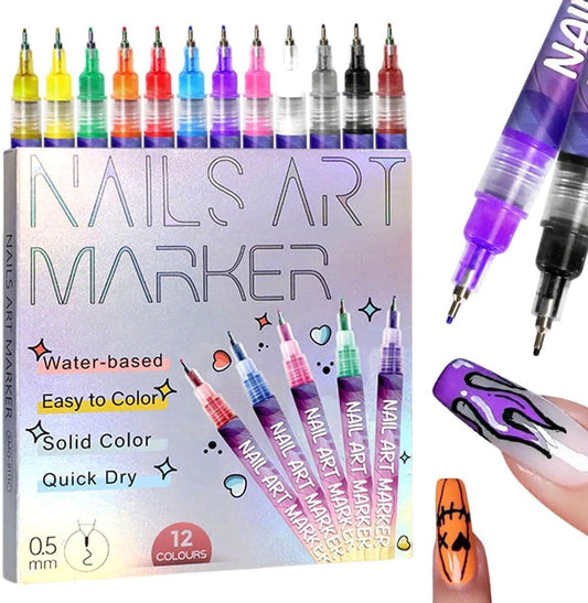12 Colors Nails Art Pens, Nails Art Maker Pens for 3D Nails Art,DIY Quick Dry Dotting Point Liner Pen,Nails Art Pen for Painting Nails,Nails Drawing Tool