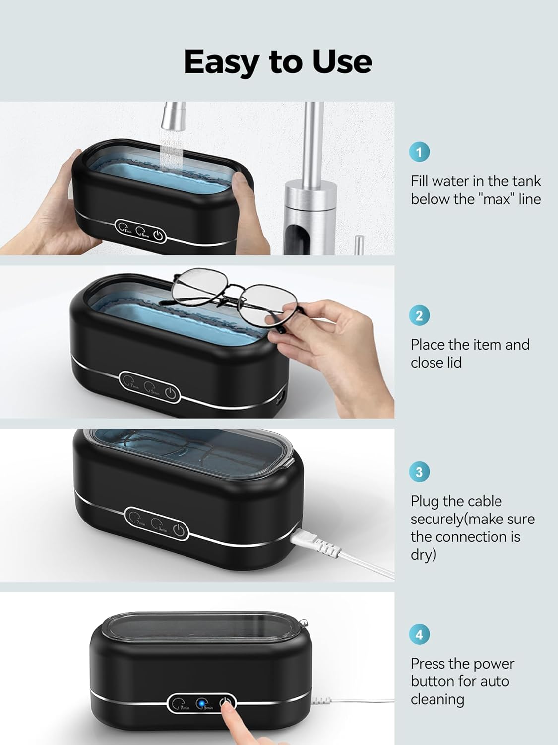 48KHz Ultrasonic Jewelry Cleaner💧 Dual Modes | 304 Stainless Steel Tank | For Eyeglasses/Rings/Dentures/Watch Straps