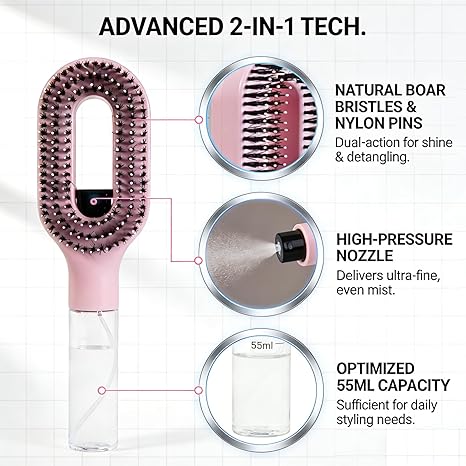 2-in-1 Pink Spray Hair Brush, Portable Wet/Dry Detangler for Frizz-Free Hair